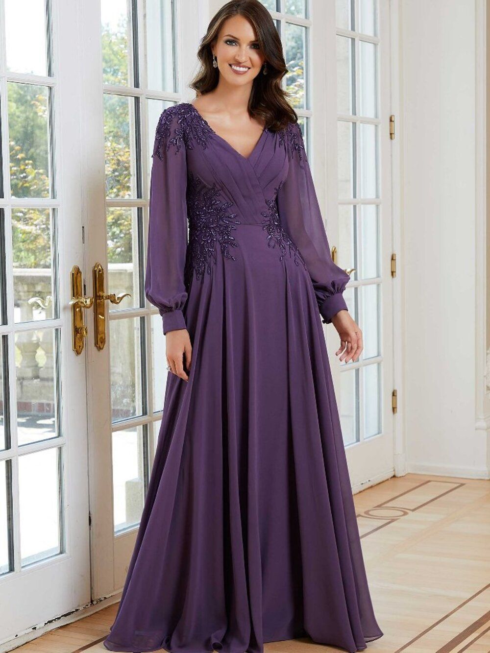 Formal Long Sleeve Beaded Aline Mother of the Bride Gown MGNY 72717 Iris Purple